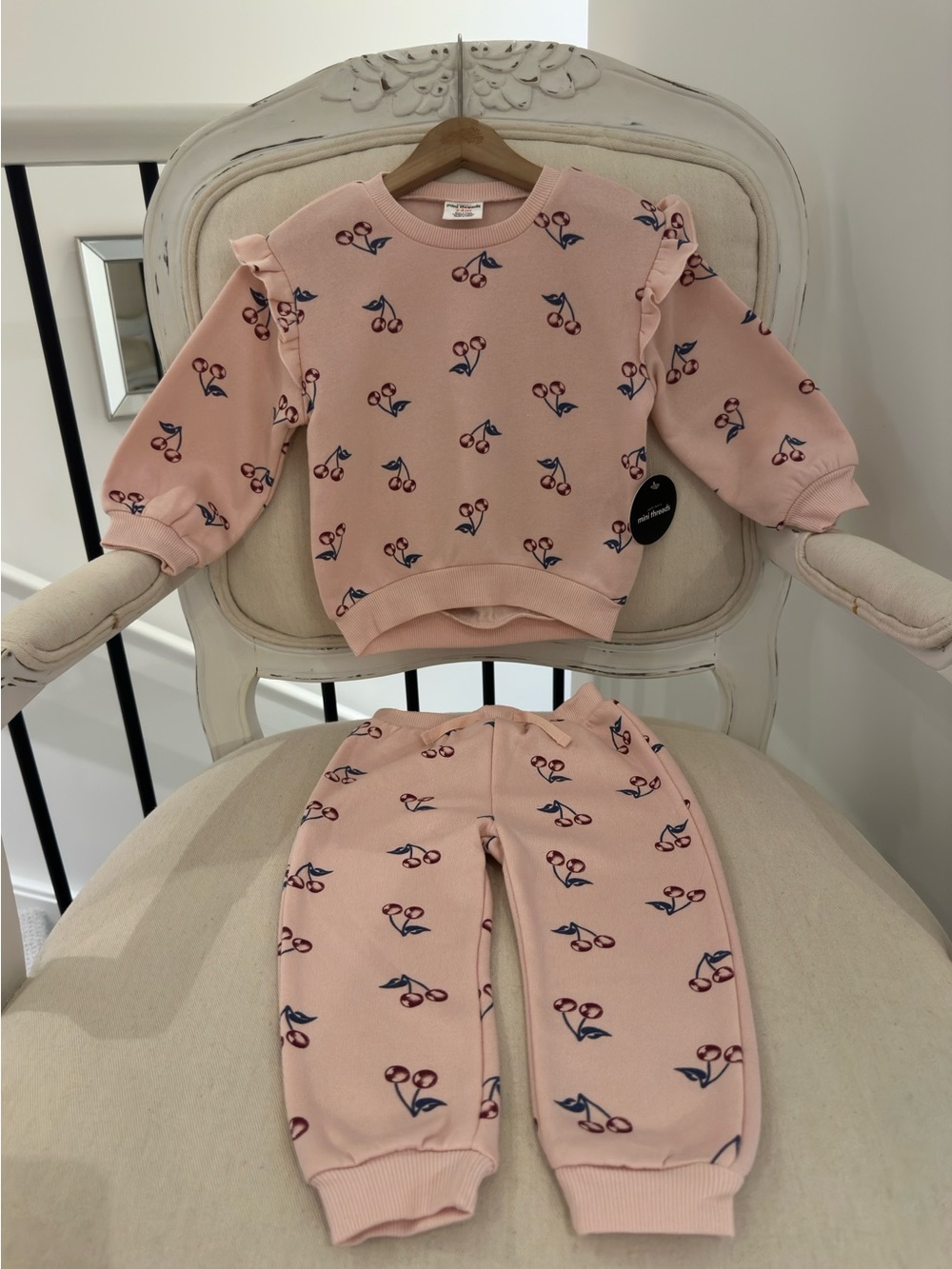 🍒 24 Mth Petit Lem Ballet Pink & Cherry Print Ruffled 2 Piece Sweatsuit NWT